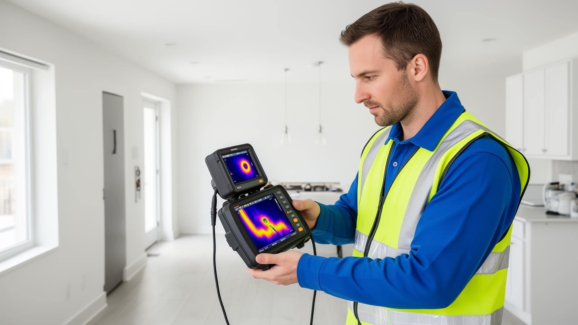 Leak detection specialist using a thermal imaging camera to locate hidden water leaks in the property