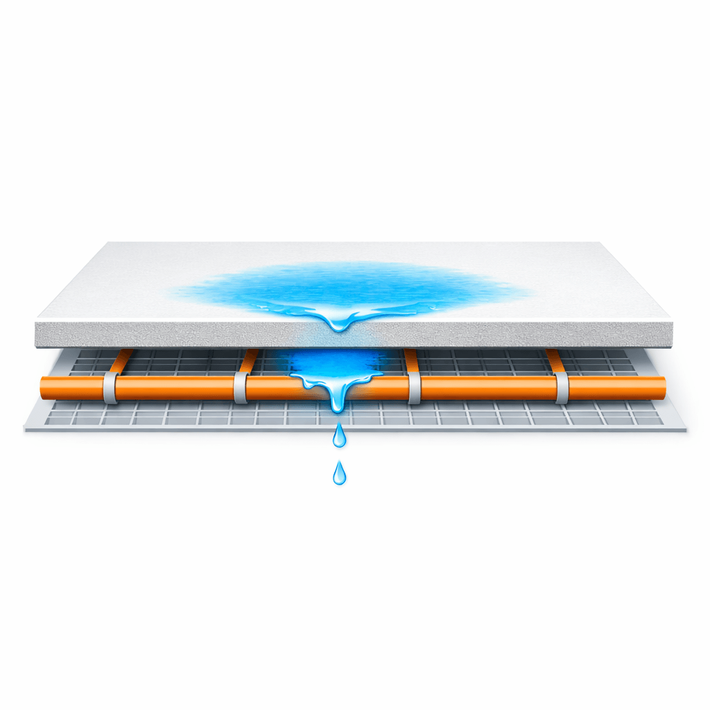 Underfloor heating pipes with blue leak patch above floor surface.