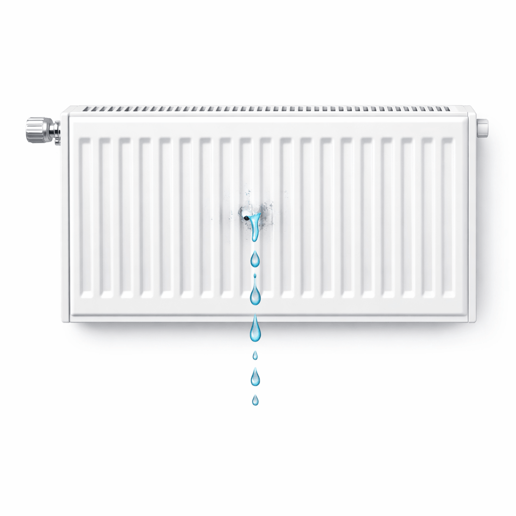 Leaking radiator with blue‑tinted water droplets forming in the middle panel, showing central heating leak.
