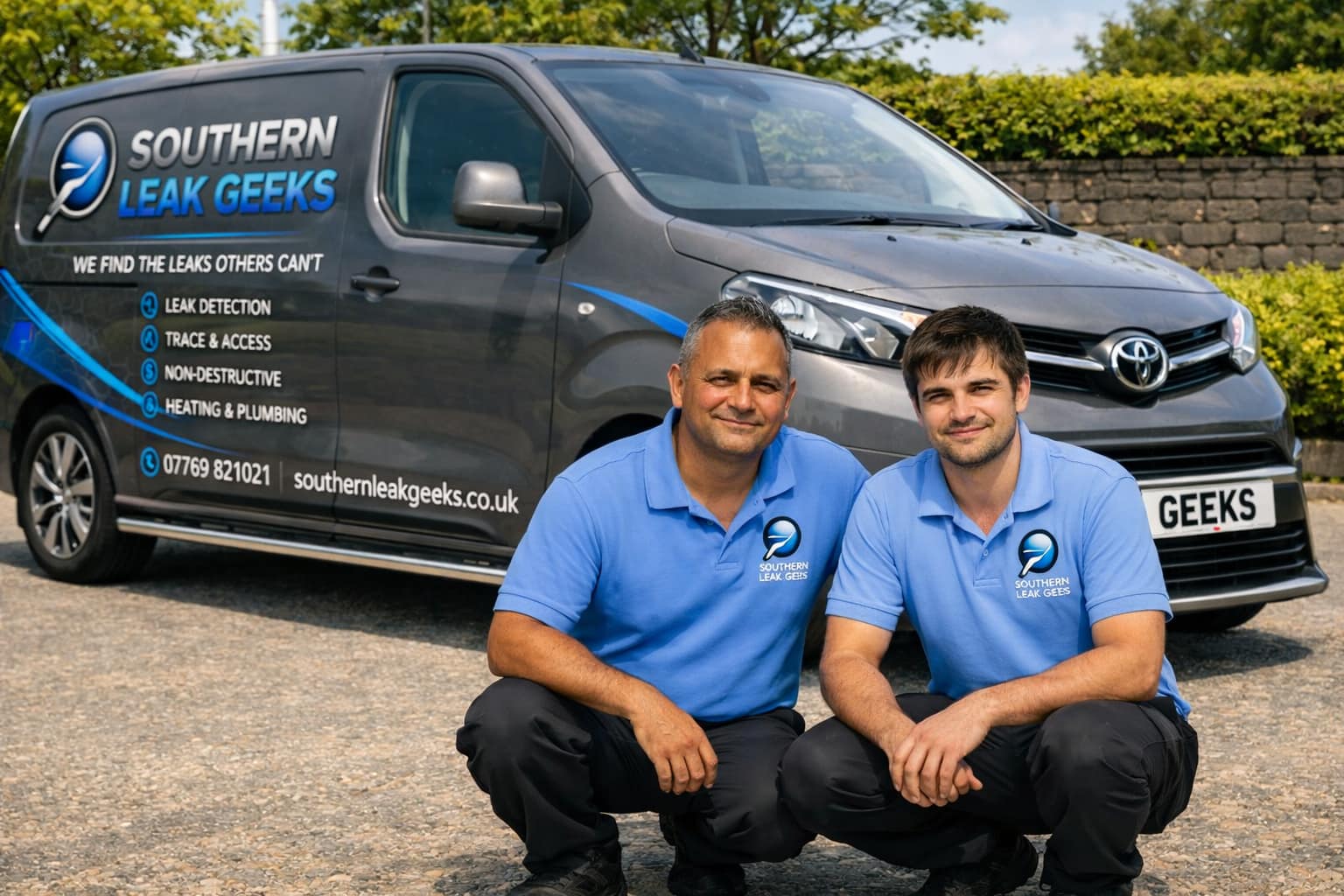 “Southern Leak Geeks technicians wearing light‑blue branded shirts crouch beside their company van, showing the slogan ‘We find the leaks others can’t,’ representing professional non‑destructive leak detection services in Bournemouth.”