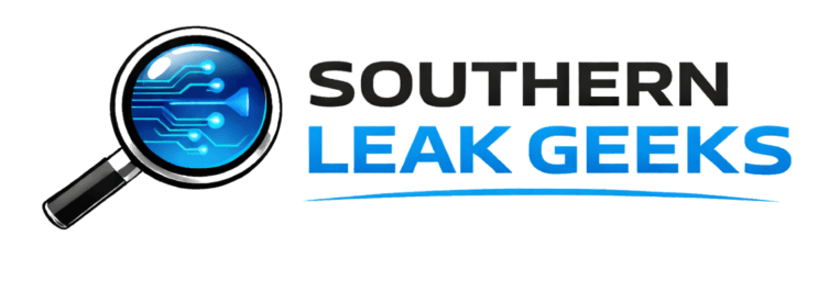 Southern Leak Geeks company logo featuring magnifying glass and blue text.