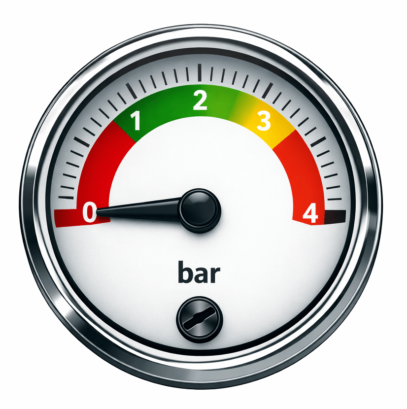 Boiler pressure gauge showing zero bar, indicating low or lost pressure in a heating system.