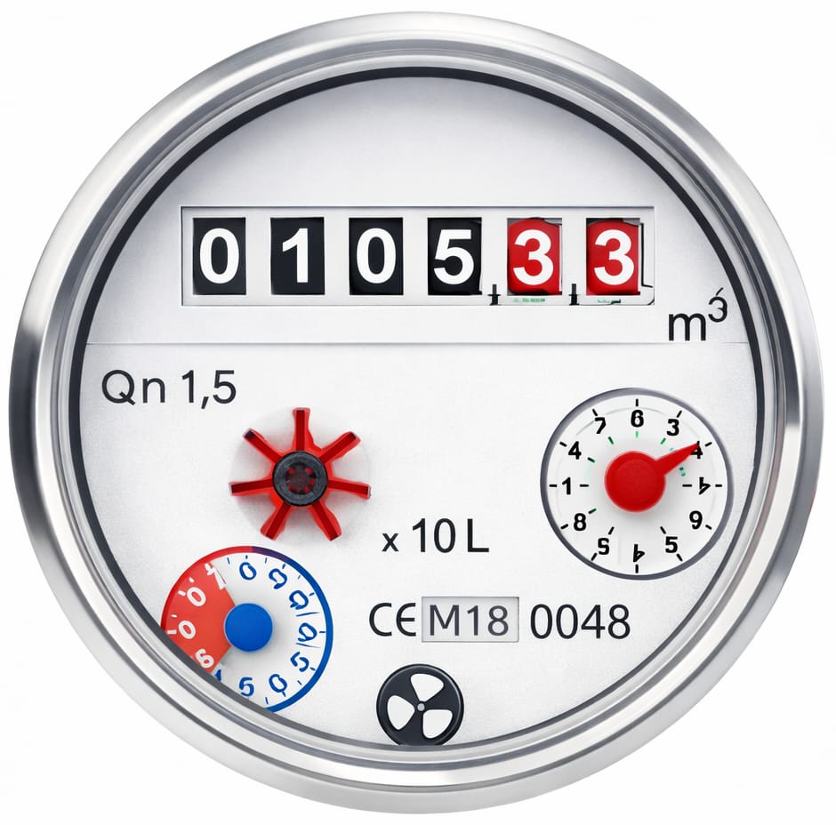Close‑up of a mechanical water meter dial showing readings and indicators used for mains water leak detection.